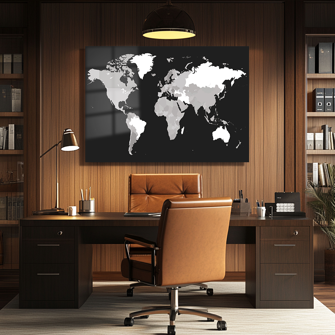 BLACK AND WHITE WORLD MAP THEMED GLASS TABLE