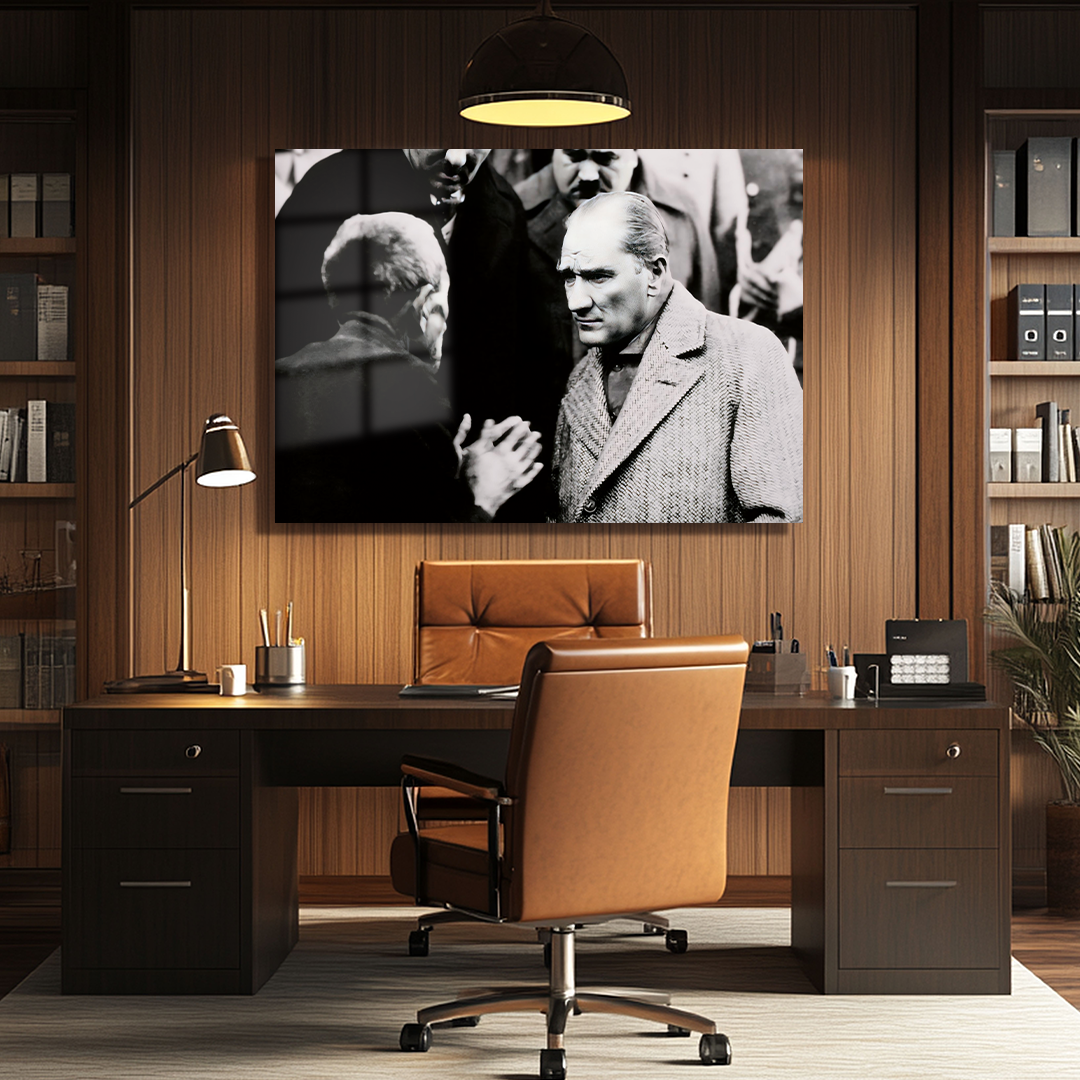 GLASS PAINTING WITH THE THEME OF MUSTAFA KEMAL ATATÜRK AND HIS CONVERSATION WITH A VILLAGER