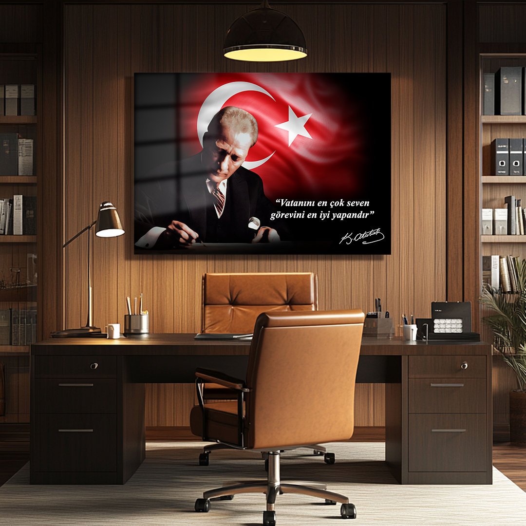 TURKISH FLAG GLASS TABLE WITH MUSTAFA KEMAL ATATÜRK'S QUOTES