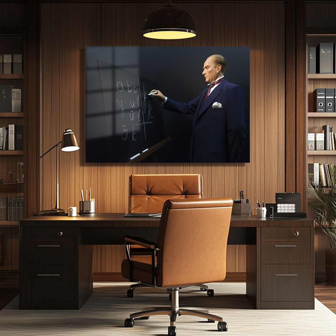 MUSTAFA KEMAL ATATÜRK'S LETTER REVOLUTION GLASS TABLE WITH VISUAL CONTENT WHERE HE WROTE ON THE BLACKBOARD