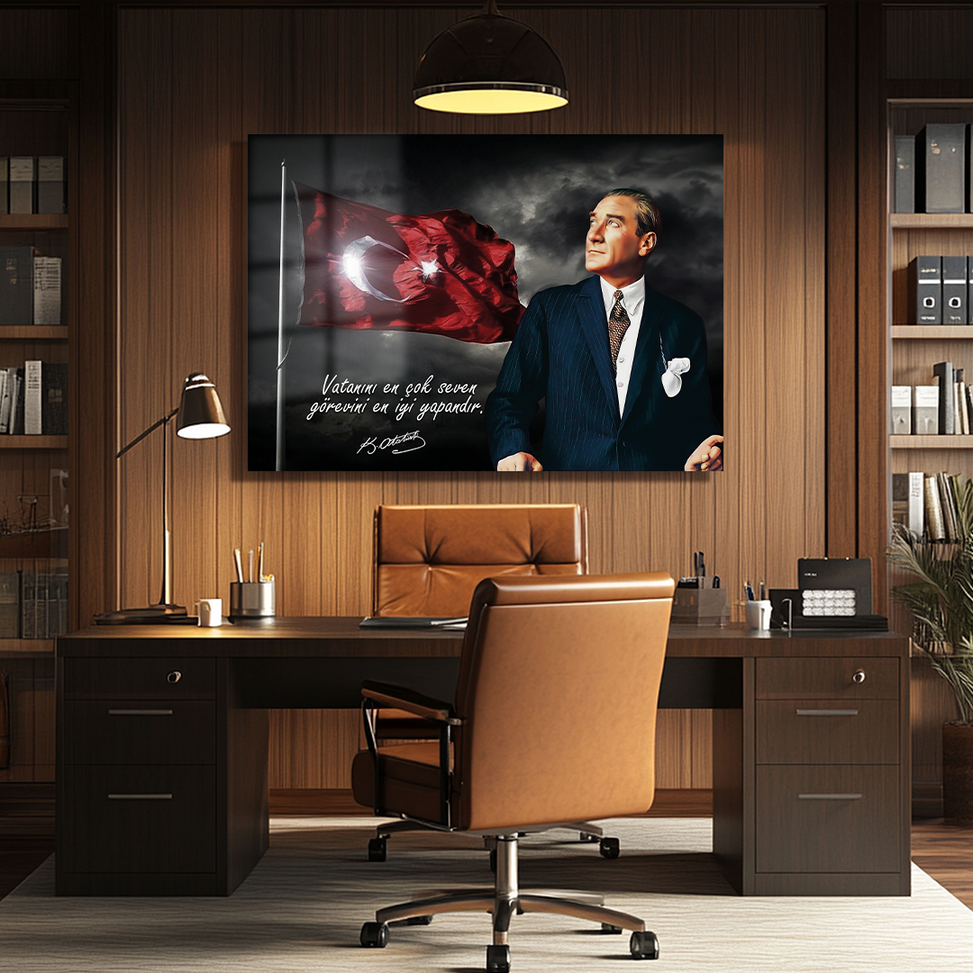 TURKISH FLAG GLASS TABLE WITH THE INSCRIPTION "THE ONE WHO LOVES HIS COUNTRY MOST IS THE ONE WHO DOES HIS DUTY BEST"