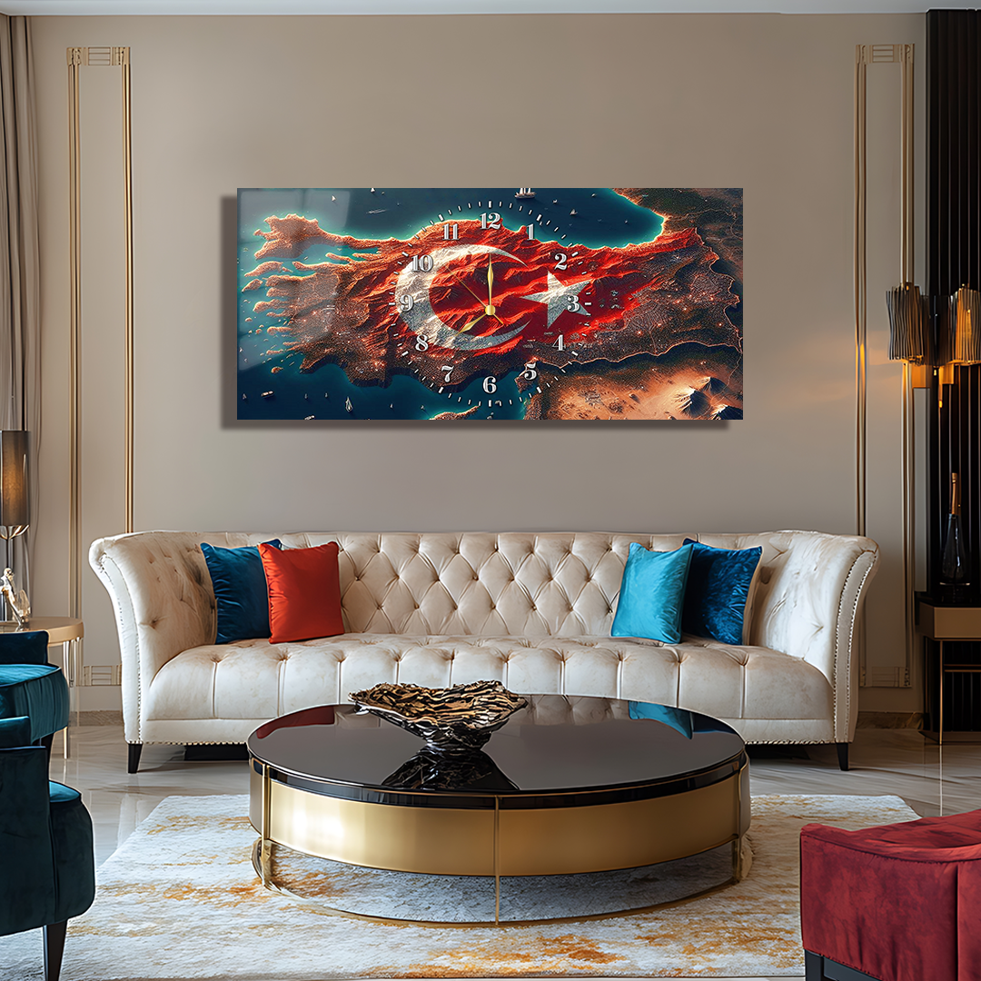 110X50 CM HARİTA TEMALI SAATLİ CAM TABLO MODELLERİMİZ