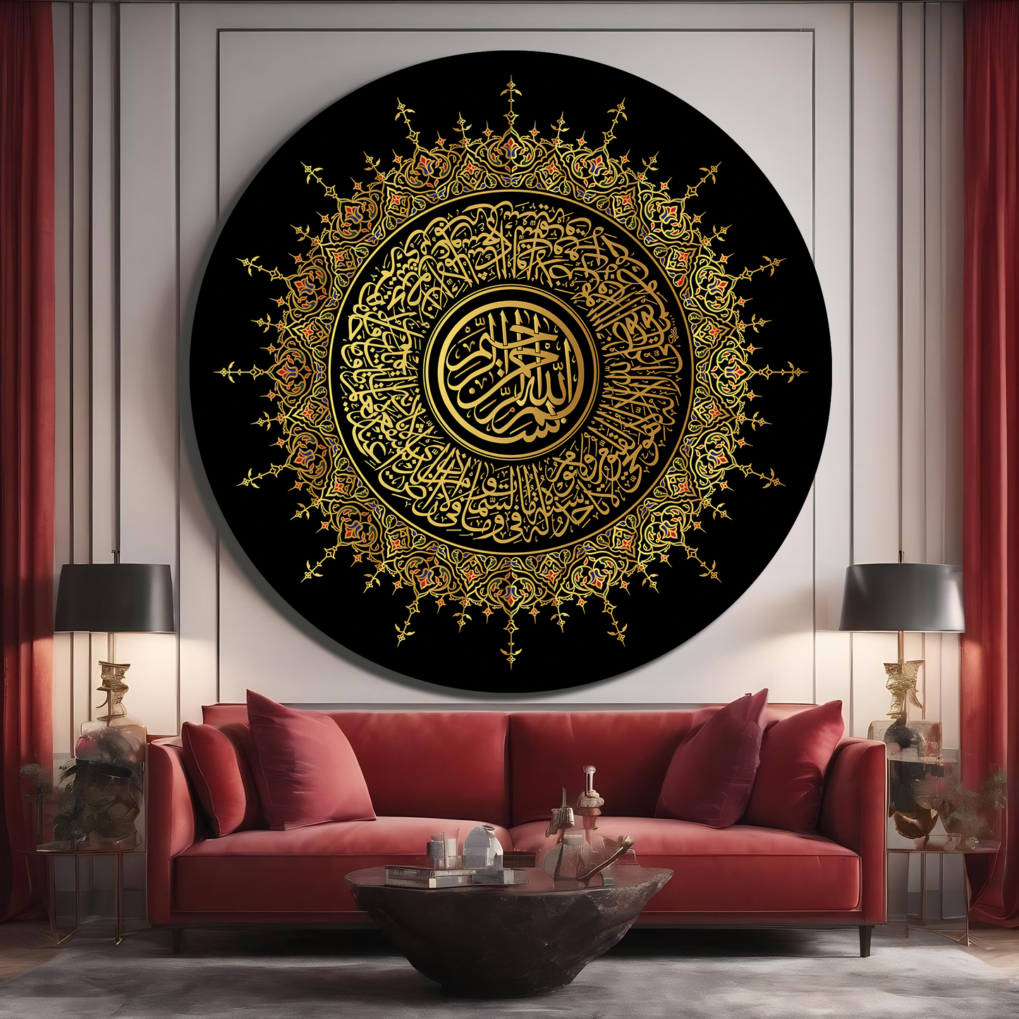 HAT SANATI İLE AYETEL KÜRSİ YAZILI YUVARLAK CAM TABLO