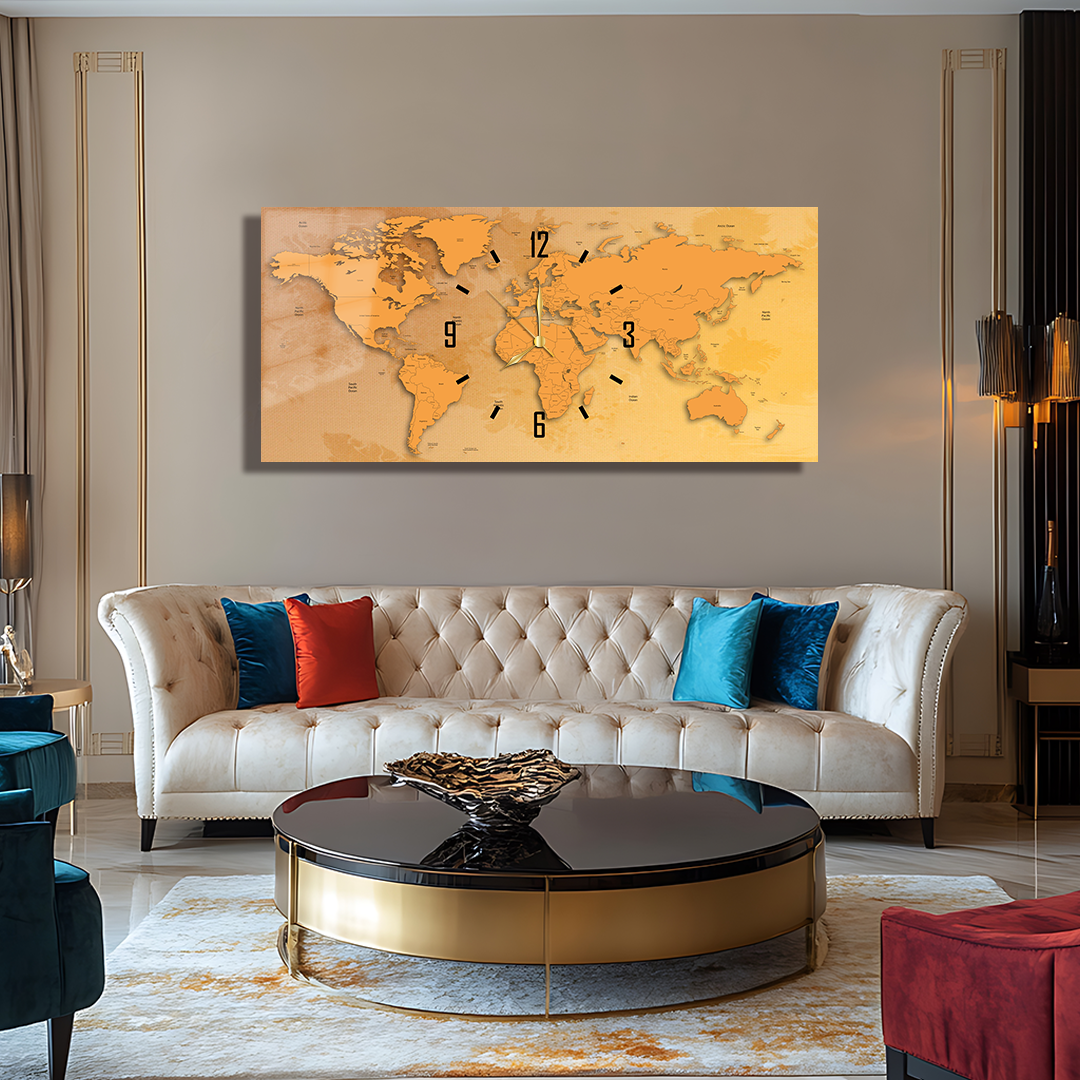 110X50 CM GÖRSEL AMAÇLI HARİTA TEMALI SAATLİ CAM TABLOLAR
