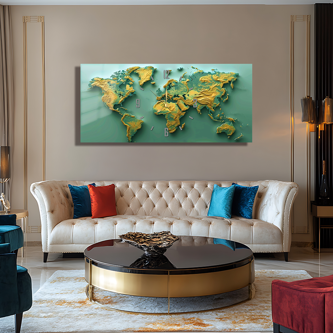 110X50 CM GÖRSEL AMAÇLI HARİTA TEMALI SAATLİ CAM TABLOLAR