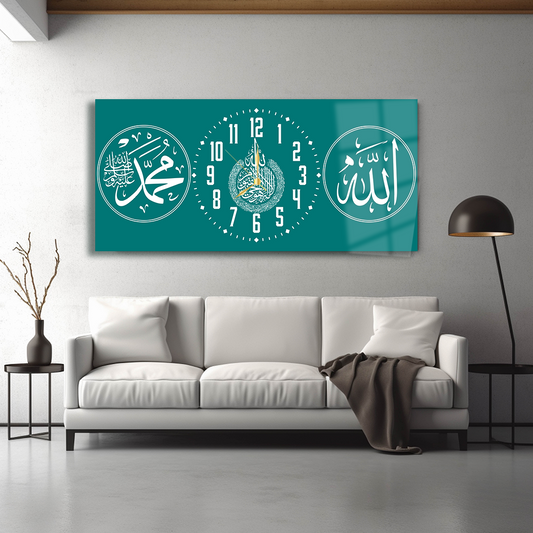 ALLAH (C.C) MUHAMMET (S.A.V) AYETEL KÜRSİ YAZILI SAATLİ CAM TABLO