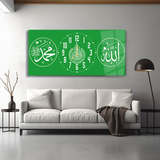 ALLAH (C.C) MUHAMMET (S.A.V) AYETEL KÜRSİ YAZILI SAATLİ CAM TABLO (Kopya)