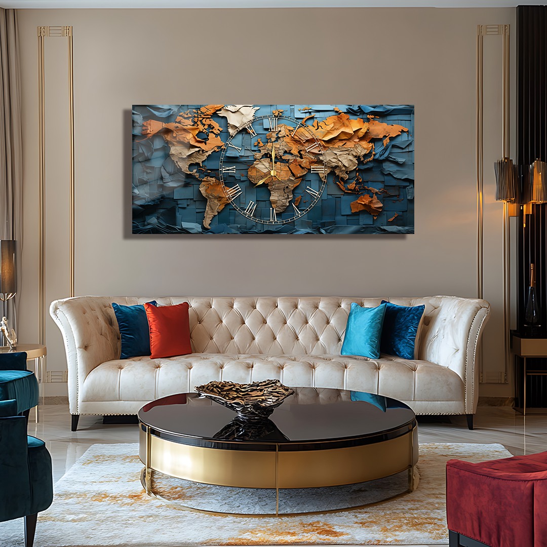 110X50 CM GÖRSEL AMAÇLI HARİTA TEMALI SAATLİ CAM TABLOLAR