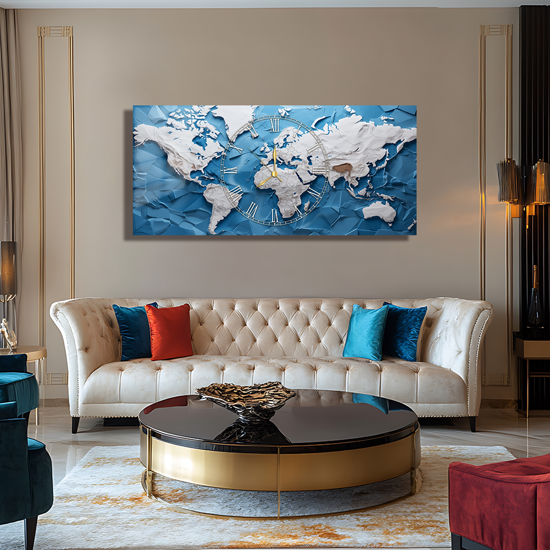 110X50 CM GÖRSEL AMAÇLI HARİTA TEMALI SAATLİ CAM TABLOLAR