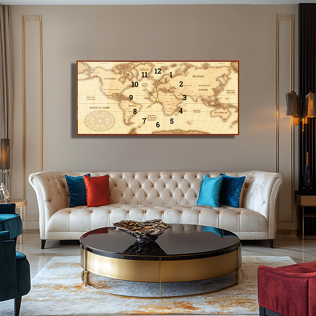 110X50 CM GÖRSEL AMAÇLI HARİTA TEMALI SAATLİ CAM TABLOLAR