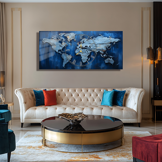 110X50 CM GÖRSEL AMAÇLI HARİTA TEMALI SAATLİ CAM TABLOLAR