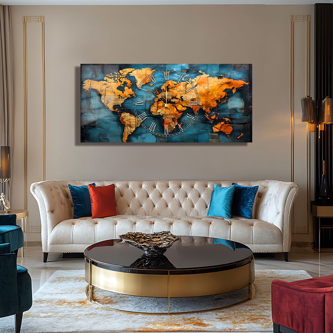 110X50 CM GÖRSEL AMAÇLI HARİTA TEMALI SAATLİ CAM TABLOLAR