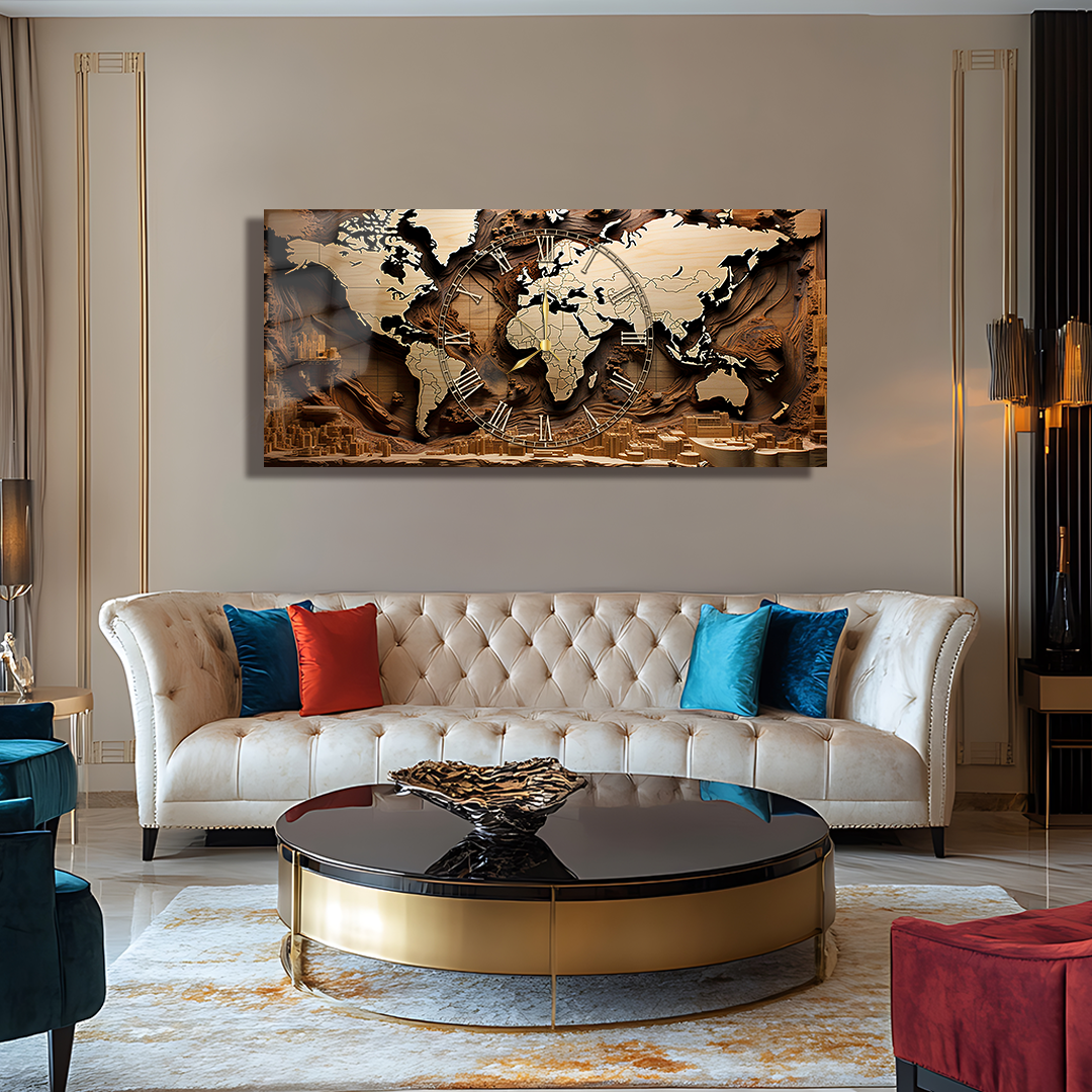 110X50 CM GÖRSEL AMAÇLI HARİTA TEMALI SAATLİ CAM TABLOLAR