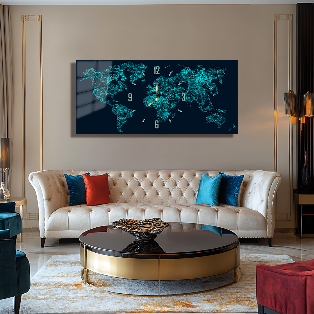 110X50 CM GÖRSEL AMAÇLI HARİTA TEMALI SAATLİ CAM TABLOLAR