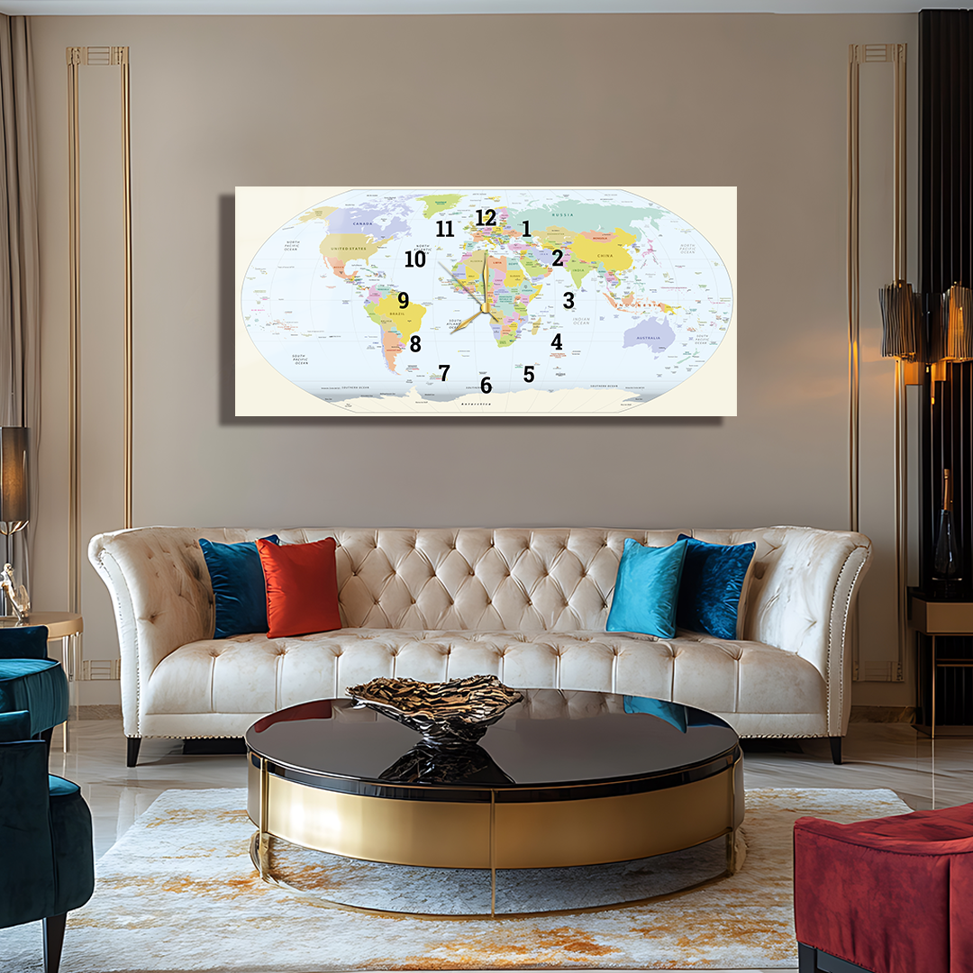 110X50 CM GÖRSEL AMAÇLI HARİTA TEMALI SAATLİ CAM TABLOLAR