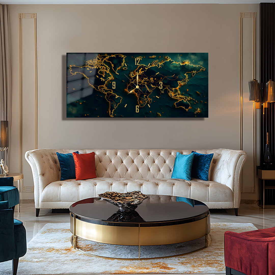 110X50 CM GÖRSEL AMAÇLI HARİTA TEMALI SAATLİ CAM TABLOLAR