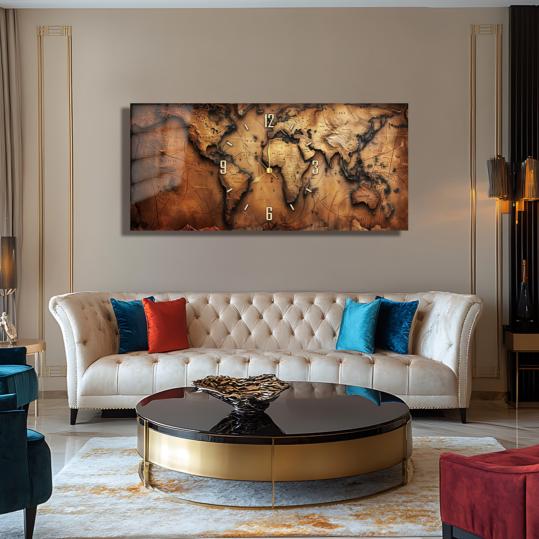 110X50 CM GÖRSEL AMAÇLI HARİTA TEMALI SAATLİ CAM TABLOLAR