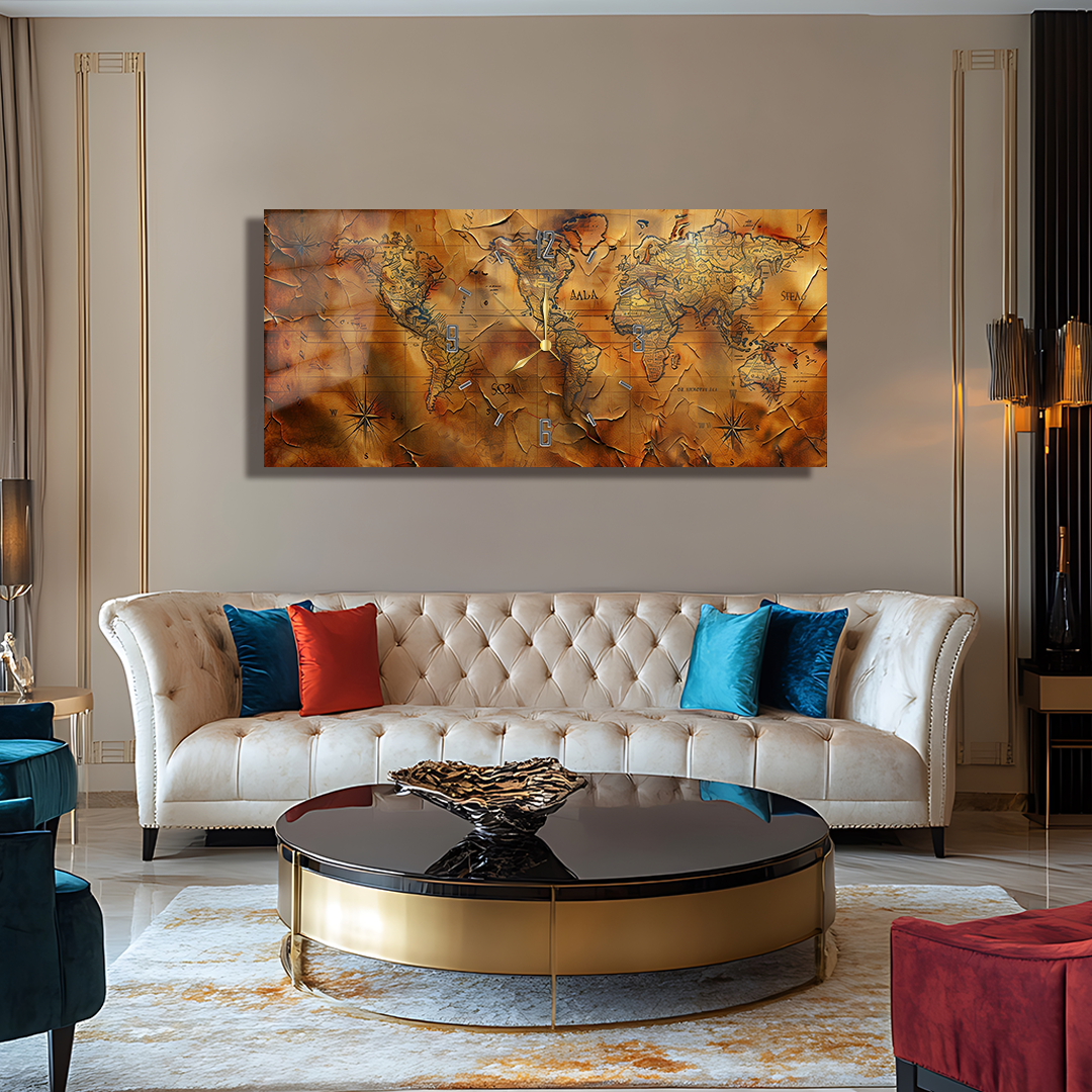 110X50 CM GÖRSEL AMAÇLI HARİTA TEMALI SAATLİ CAM TABLOLAR