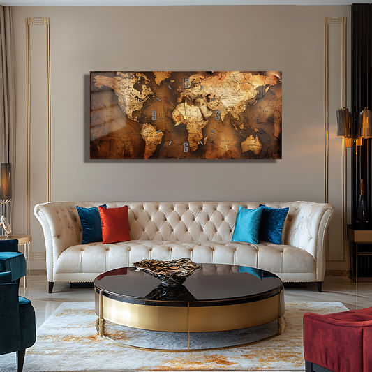 110X50 CM GÖRSEL AMAÇLI HARİTA TEMALI SAATLİ CAM TABLOLAR