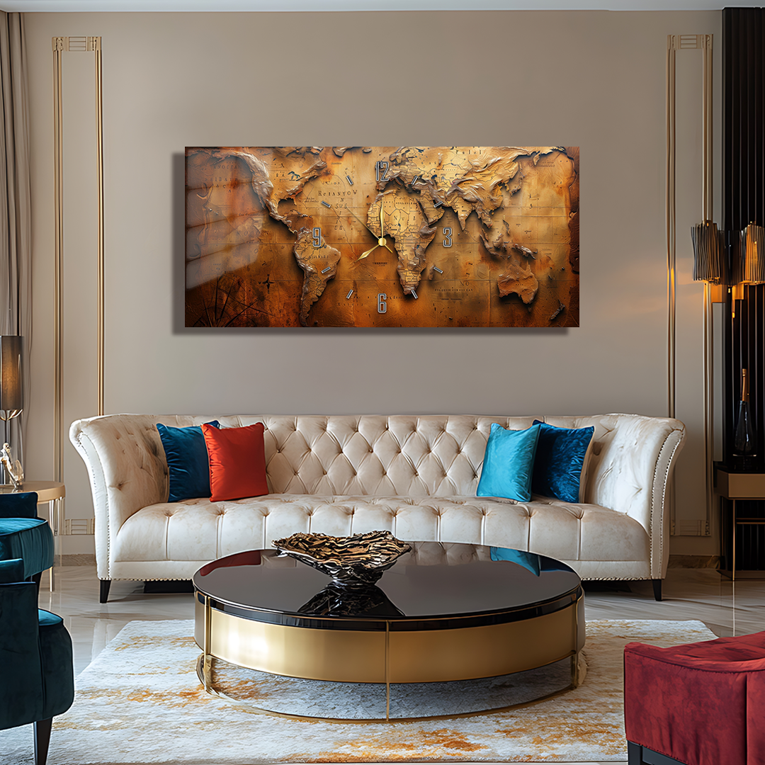 110X50 CM GÖRSEL AMAÇLI HARİTA TEMALI SAATLİ CAM TABLOLAR