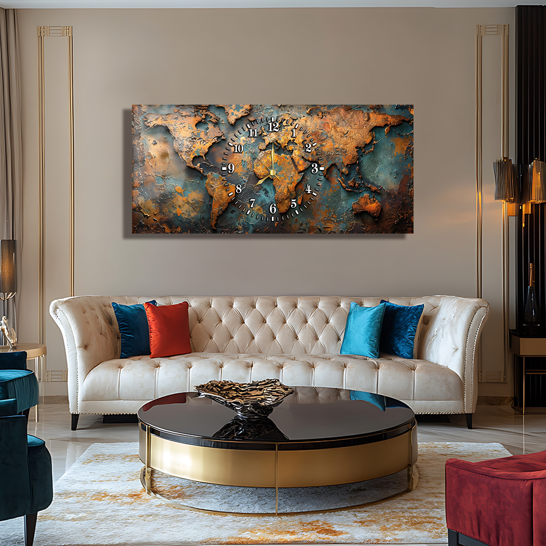 110X50 CM GÖRSEL AMAÇLI HARİTA TEMALI SAATLİ CAM TABLOLAR