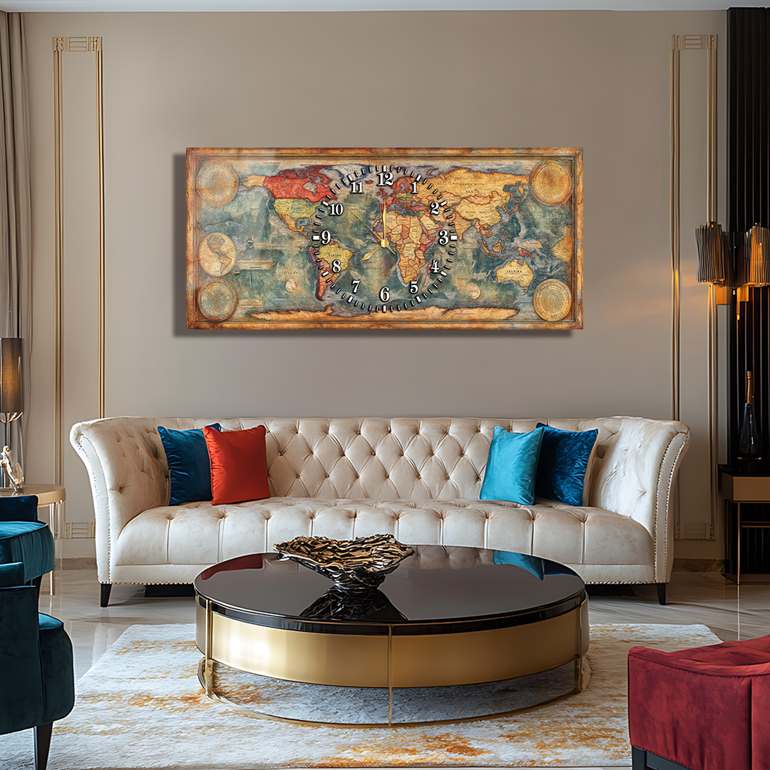 110X50 CM GÖRSEL AMAÇLI HARİTA TEMALI SAATLİ CAM TABLOLAR