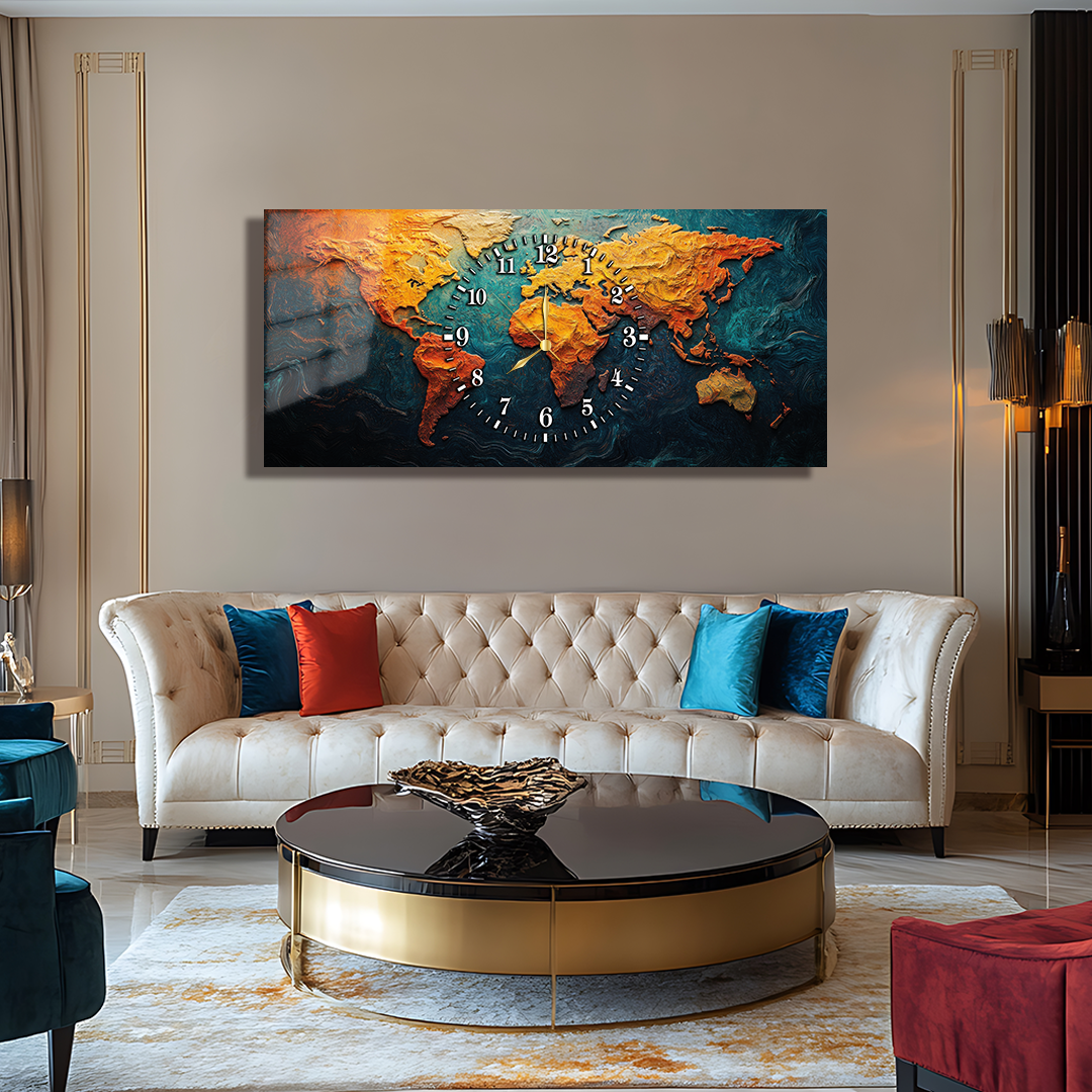 110X50 CM GÖRSEL AMAÇLI HARİTA TEMALI SAATLİ CAM TABLOLAR