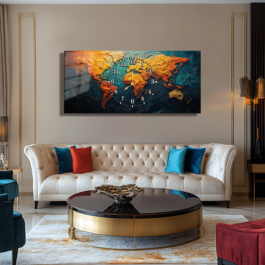 110X50 CM GÖRSEL AMAÇLI HARİTA TEMALI SAATLİ CAM TABLOLAR