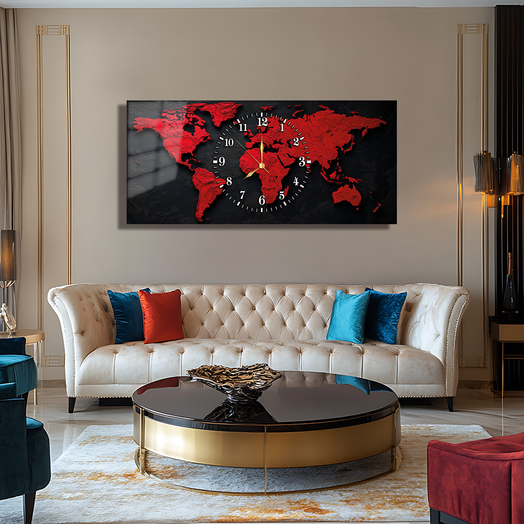 110X50 CM GÖRSEL AMAÇLI HARİTA TEMALI SAATLİ CAM TABLOLAR