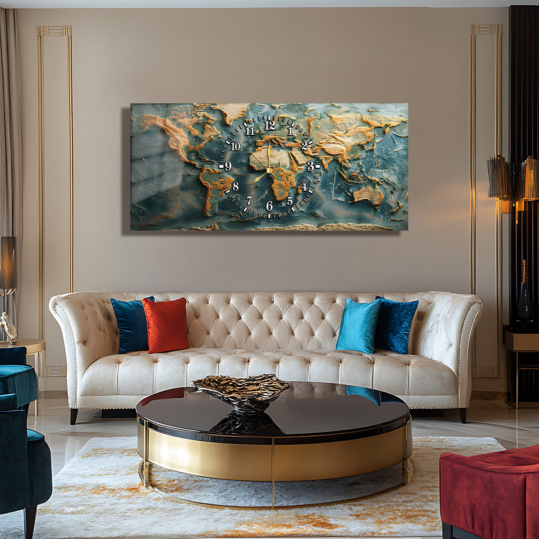 110X50 CM GÖRSEL AMAÇLI HARİTA TEMALI SAATLİ CAM TABLOLAR