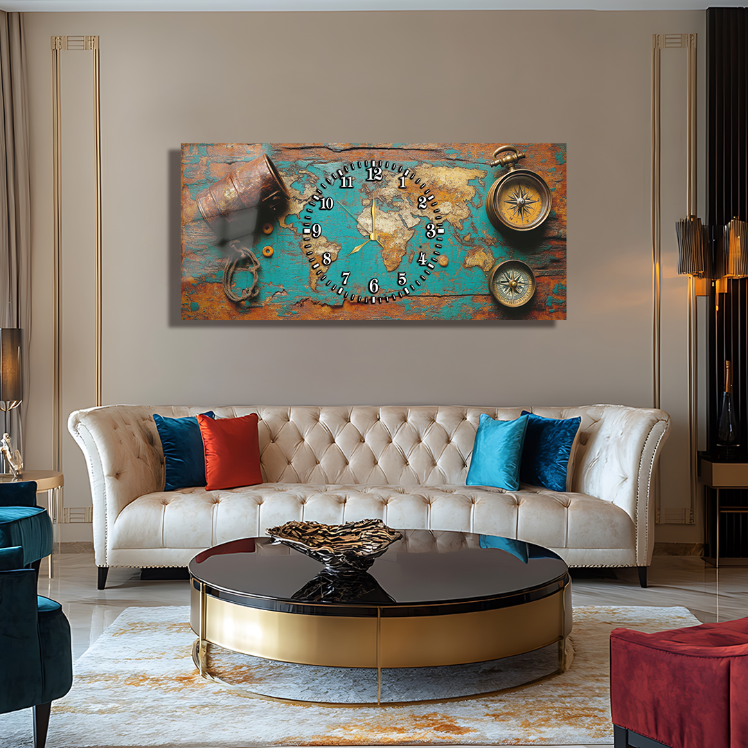110X50 CM GÖRSEL AMAÇLI HARİTA TEMALI SAATLİ CAM TABLOLAR