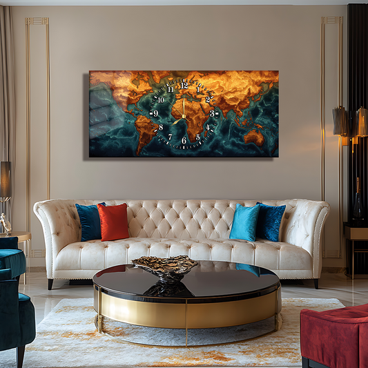 110X50 CM GÖRSEL AMAÇLI HARİTA TEMALI SAATLİ CAM TABLOLAR