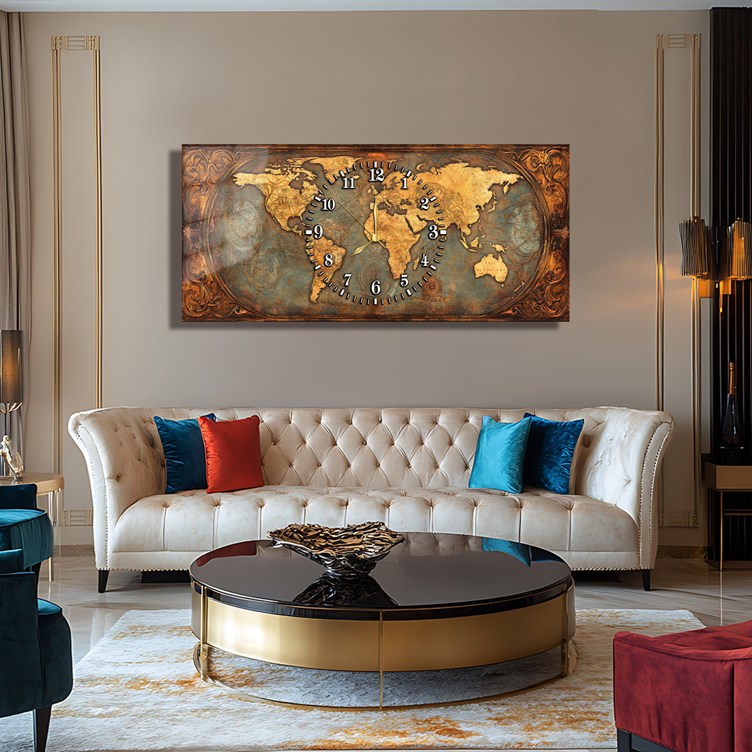 110X50 CM GÖRSEL AMAÇLI HARİTA TEMALI SAATLİ CAM TABLOLAR