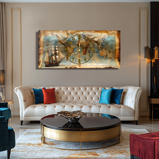 110X50 CM GÖRSEL AMAÇLI HARİTA TEMALI SAATLİ CAM TABLOLAR
