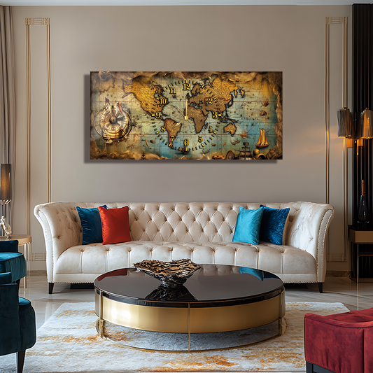 110X50 CM GÖRSEL AMAÇLI HARİTA TEMALI SAATLİ CAM TABLOLAR