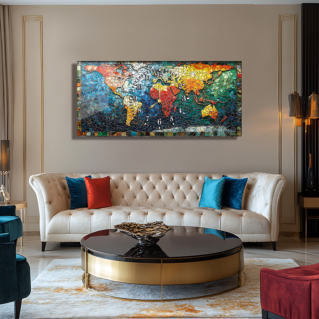 110X50 CM GÖRSEL AMAÇLI HARİTA TEMALI SAATLİ CAM TABLOLAR