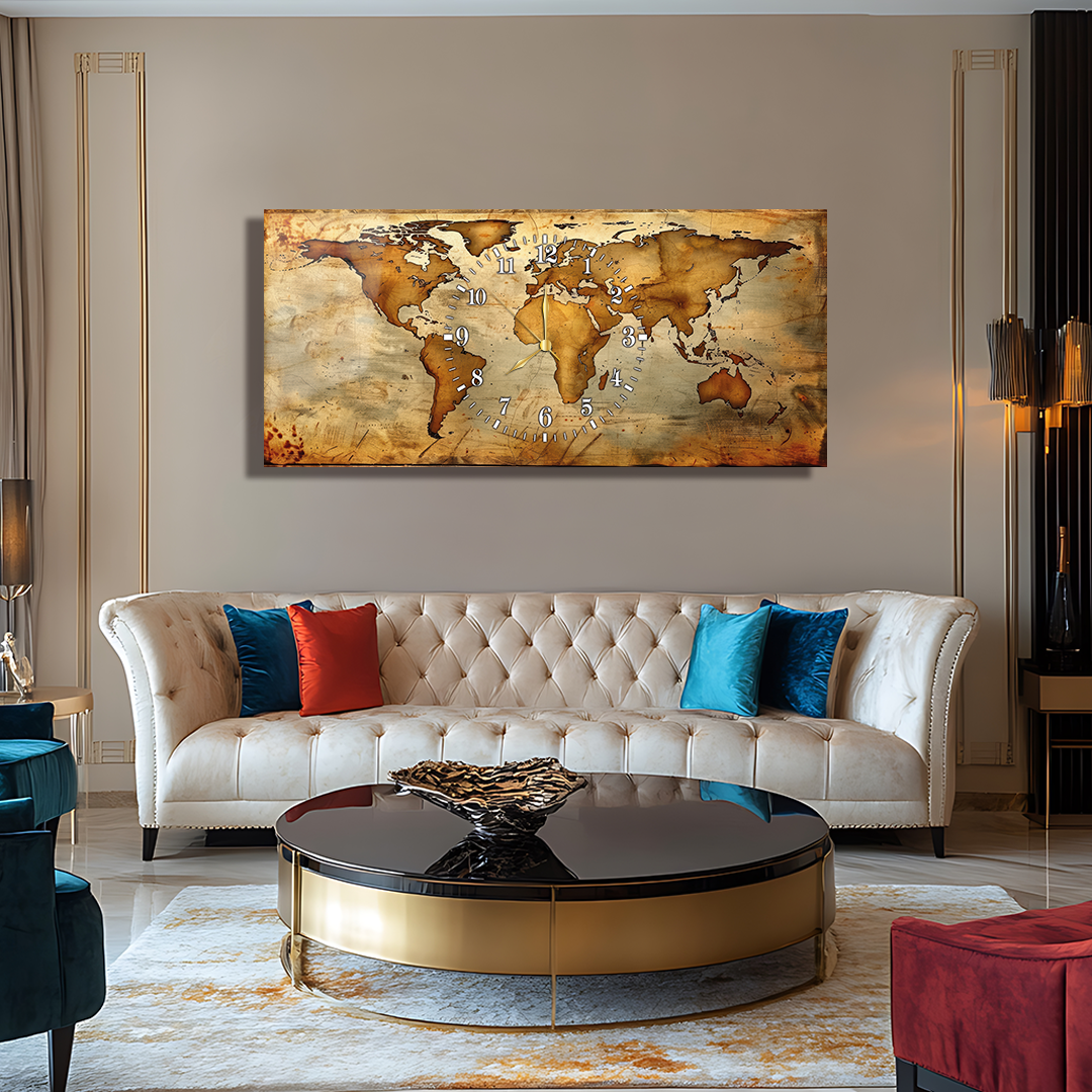 110X50 CM GÖRSEL AMAÇLI HARİTA TEMALI SAATLİ CAM TABLOLAR