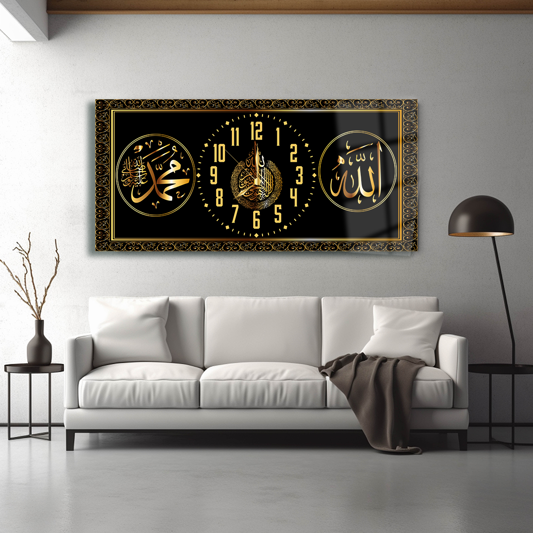 ALLAH (C.C) MUHAMMET (S.A.V) AYETEL KURSİ YAZILI SAATLİ CAM TABLO
