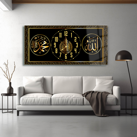 ALLAH (C.C) MUHAMMET (S.A.V) AYETEL KURSİ YAZILI SAATLİ CAM TABLO