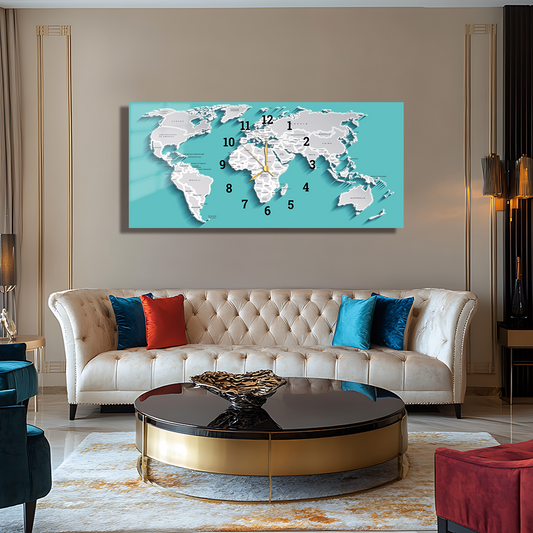 110X50 CM GÖRSEL AMAÇLI HARİTA TEMALI SAATLİ CAM TABLOLAR