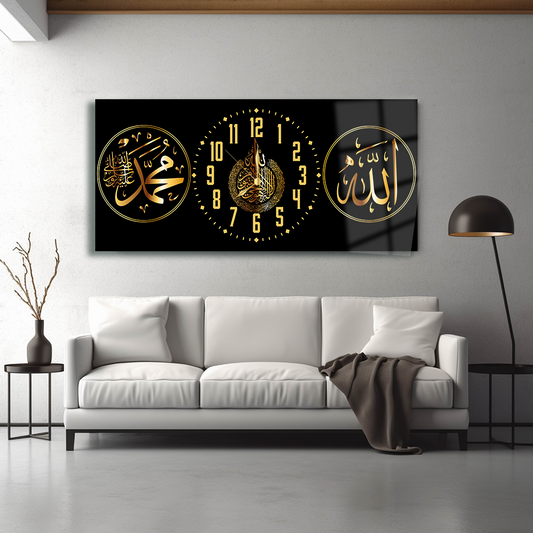ALLAH (C.C) MUHAMMET (S.A.V) AYETEL KURSİ YAZILI SAATLİ CAM TABLO (Kopya)