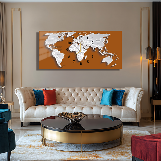 110X50 CM GÖRSEL AMAÇLI HARİTA TEMALI SAATLİ CAM TABLOLAR