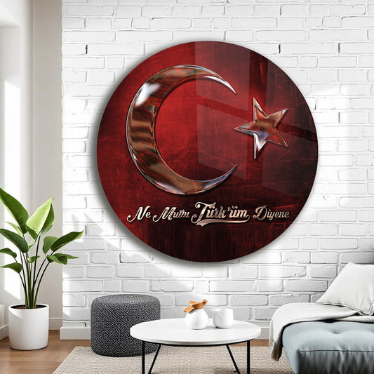 BAKIR KABARTMA DESENLİ TÜRK BAYRAĞI DESENLİ YUVARLAK CAM TABLO