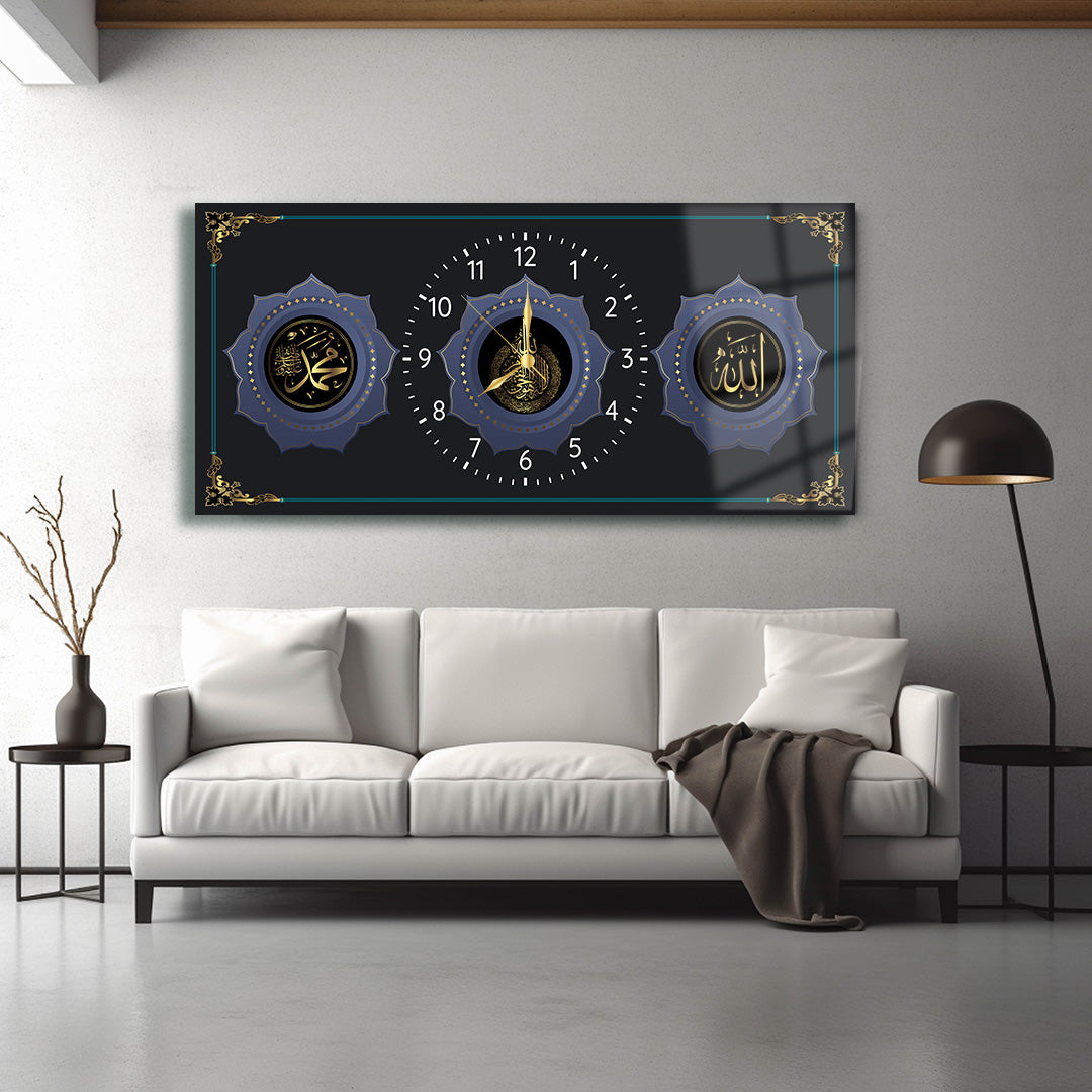 GLASS TABLE WITH CLOCK AND WRITTEN VERSE OF ALLAH (CC) AND MUHAMMAD (PBUH)
