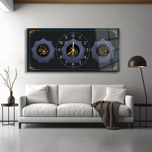 GLASS TABLE WITH CLOCK AND WRITTEN VERSE OF ALLAH (CC) AND MUHAMMAD (PBUH)