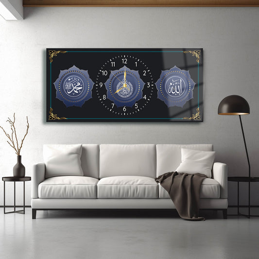 GLASS TABLE WITH CLOCK AND WRITTEN VERSE OF ALLAH (CC) AND MUHAMMAD (PBUH)