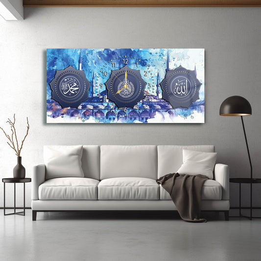 GLASS TABLE WITH CLOCK AND WRITTEN VERSE OF ALLAH (CC) AND MUHAMMAD (PBUH)
