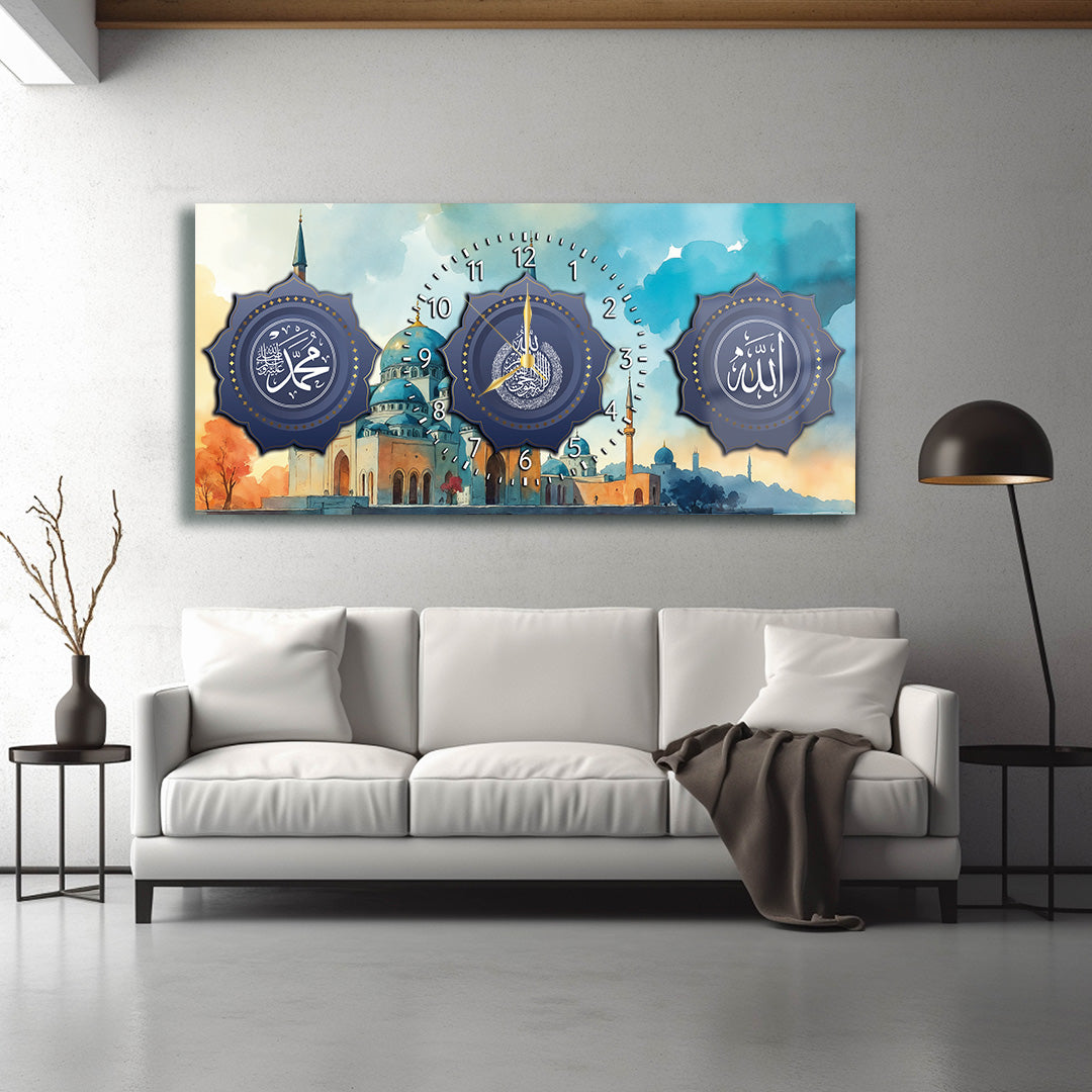 GLASS TABLE WITH CLOCK AND WRITTEN VERSE OF ALLAH (CC) AND MUHAMMAD (PBUH)