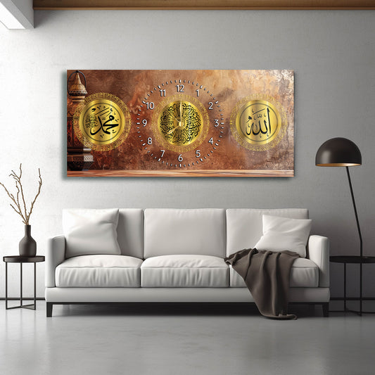 GLASS TABLE WITH CLOCK AND WRITTEN VERSE OF ALLAH (CC) AND MUHAMMAD (PBUH)