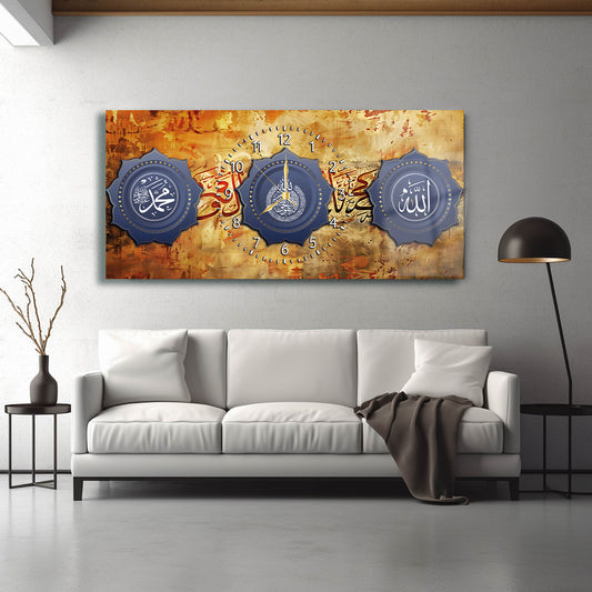 GLASS TABLE WITH CLOCK AND WRITTEN VERSE OF ALLAH (CC) AND MUHAMMAD (PBUH)